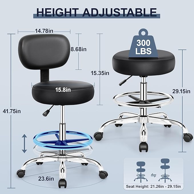 Drafting Chair with Backrest – Adjustable Foot Rest Rolling Stool with Wheels, PU Leather Swivel Stool for Office Spa Studio Lab Counter Salon Home Work Bar Kitchen Shop(Silver)