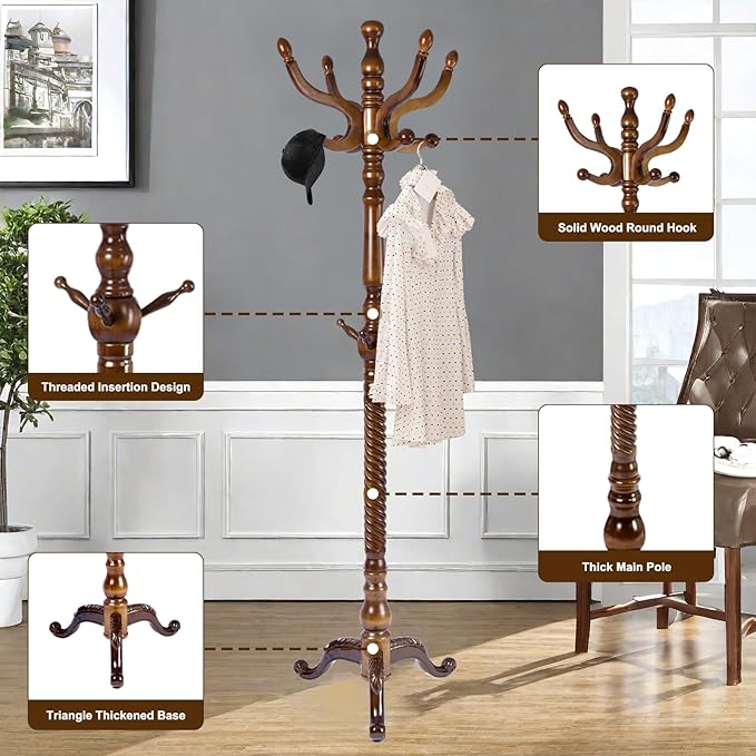 Solid Wood Coat Rack – 74.8" Freestanding Coat Racks Stand with 11 Hooks & Stable Base, Adjustable Height Modern Wooden Hall Tree for Entryway, Bedroom, Office, Home (Walnut Triangle)