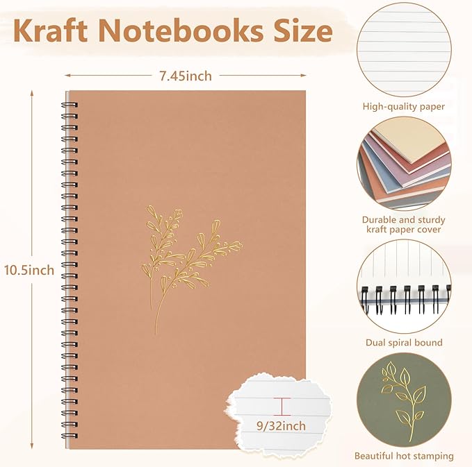Fuutreo 12 Pcs Spiral Notebook for Work A5 8.3 x 5.7 Inch College Ruled Spiral Journal Notebook Kraft Cover Ruled Paper, 12 Color, 60 Sheets, 120 Pages for Office School(Hot Stamping)