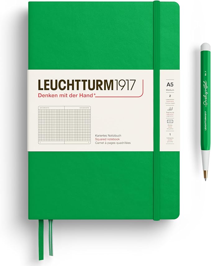LEUCHTTURM1917 - Notebook Hardcover Medium A5-251 Numbered Pages for Writing and Journaling - Thinking Ahead (Squared Paper, Spring Leaf)