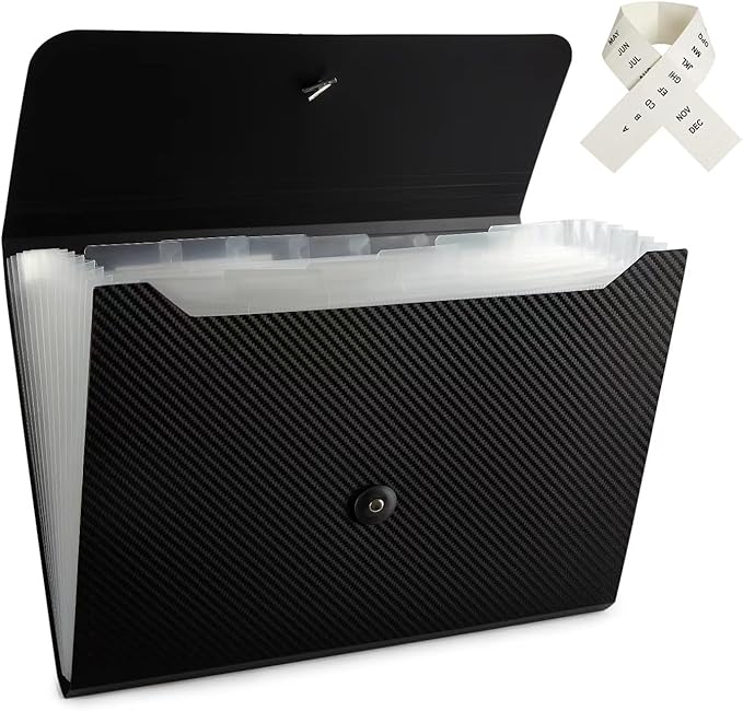 Expanding File Folder File Organizer 13 Pockets Accordion Filing Folder Expandable File Folder for Documents Aesthetic Paper Organizer Folder for Work, School, Home, Office, Black Transparent