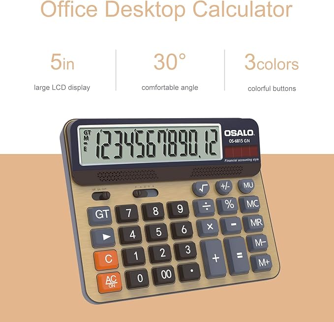 Desktop Calculator Extra Large 5-Inch LCD Display 12-Digit Big Number Accounting Calculator with Giant Response Button, Battery & Solar Powered, Perfect for Office Business Home Daily Use(6815GN-2pcs)