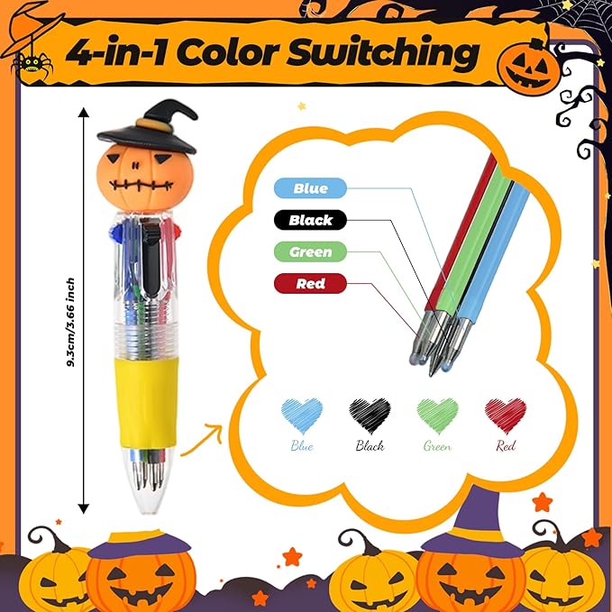24 Pcs Halloween Multicolor Pens in One 4-in-1 Cute Kawaii Fun Pen Spooky Pumpkin Ballpoint Pen for Trick-or-Treat Halloween Office Supplies & Classroom Gifts (Halloween)