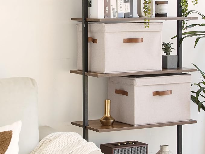 StorageWorks Fabric Storage Bins with Lid, Decorative Storage Boxes for Shelves, Stackable Closet Organizer Basket with Handles, Jumbo, Brown and Beige, 2-Pack