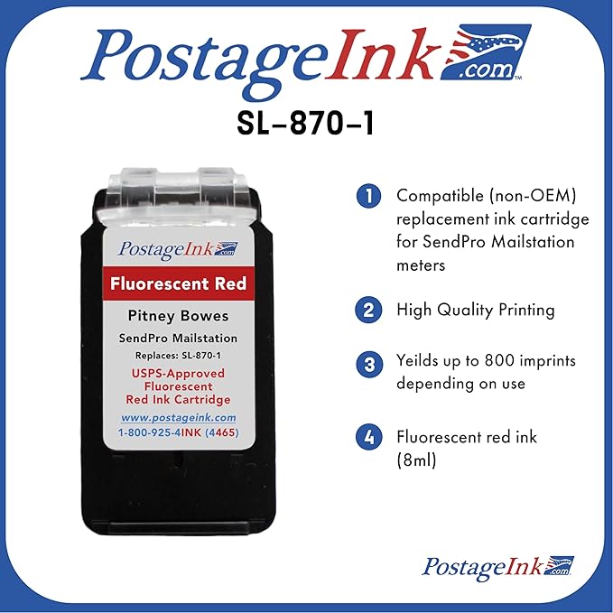 SL-870-1 Red Ink Cartridge for PB SendPro Mailstation (CSD1) Postage Meters, 8ml
