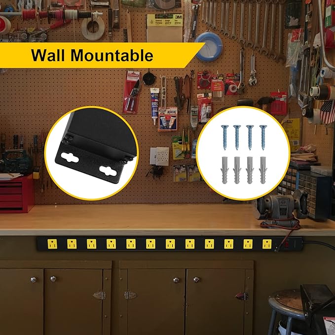 SURAIELEC 12 Outlet Long Metal Power Strip, 15 FT Cord Surge Protector, Angled Flat Plug, Wide Spaced Outlet Power Bar, 15A Breaker, Wall Mountable, Industrial Heavy Duty for Work Bench, Shop, Garage