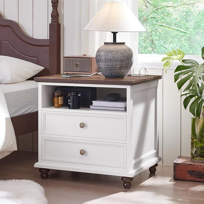 24" Wide Farmhouse Nightstand with Charging Station, End Table with 2 Drawers, White Wood Dresser for Bedroom Cabinet, Bed Side Table Chest of Drawers, Night Stand for Living Room, Closet