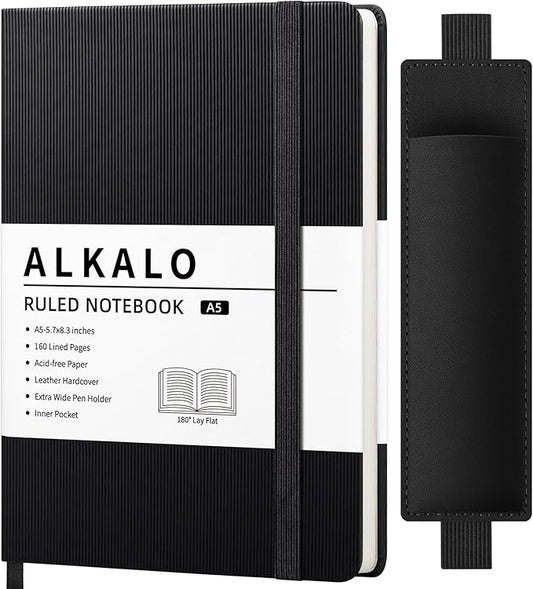 Lined Journal Notebook for Work, A5 Leather Notebook with Pen Holder, 100GSM/160 Pages Thick Paper, Daily Journals for Writing, School, Note Taking, Business, Travel, College Ruled