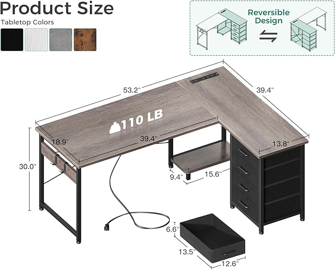 Casaottima L Shaped Desk with 4 Tier Drawers, 53" Gaming Desk with Power Outlets & USB, Reversible L-shaped Computer Desk with CPU Stand, Home Office Corner Table with Storage, Easy Assemble, Grey Oak