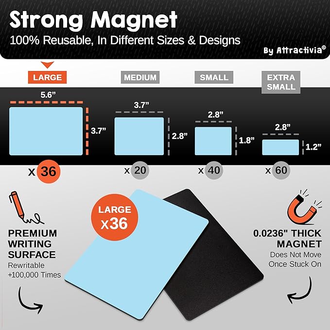 Dry Erase Magnetic Labels 5.6 x 3.7 in, Solid Colors, Large Dry Erase Magnets, 36-Pack, Colored Erasable Write-On All-Purpose Labels, for Office, Education, Home, Whiteboard