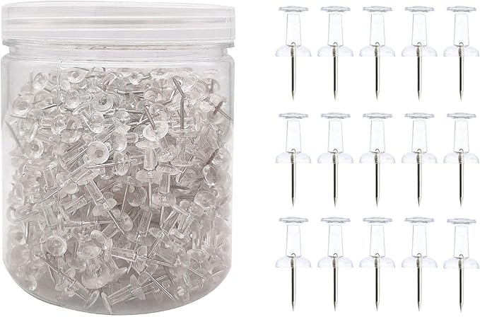 Clear Push Pins 600pcs Standard Thumb Tacks Steel Point Transparent Plastic Head Pins for Hanging Photo Posters Craft Marking Map Wall Cork Board