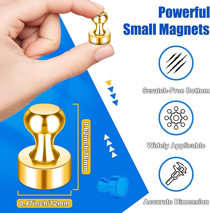 Small Whiteboard Magnets, Tiny Cute Push Pins Neodymium Strong Magnets for Fridge, Gold Kitchen Magnetic Refrigerator for Office, Gadgets, Classroom, Locker Accessories, Pack of 28