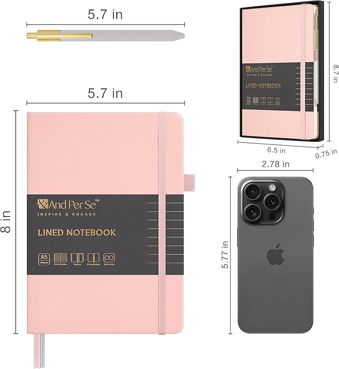 A5 Lined Leather Journal and Pen Set for Women&Men, Gift Box Included, Hardcover Notebook with 160 Pages 100GSM Thick Paper, for Work, Business, School or Home Writing (Pink)