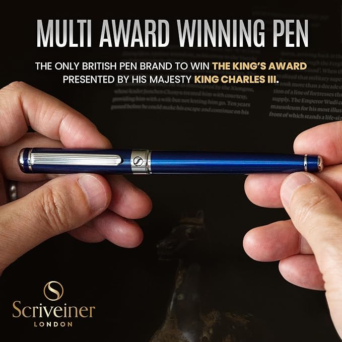 Scriveiner Midnight Blue Rollerball Pen - Stunning Blue Lacquer Luxury Pen, Chrome Finish, Schmidt Ink Refills, Men & Women, Professional, Executive Office, Nice Pen