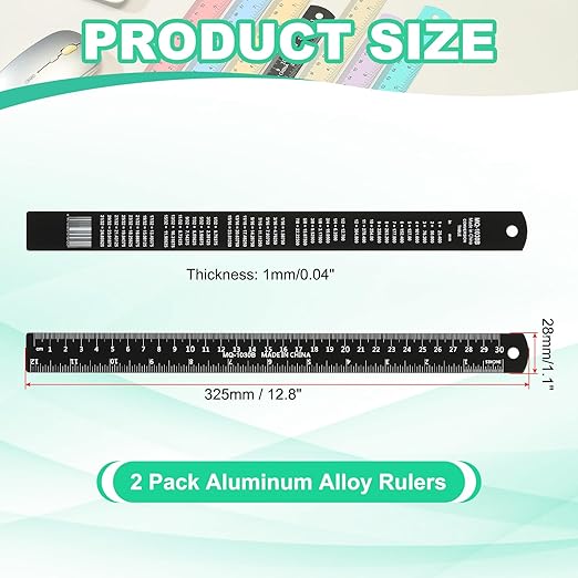 PATIKIL 30cm/12 Metal Ruler, 2 Pack Aluminum Alloy Rulers with Centimeters, Millimeters, Inches and Conversion Table Straight Edge Ruler for Writing Machinist Drafting, Black
