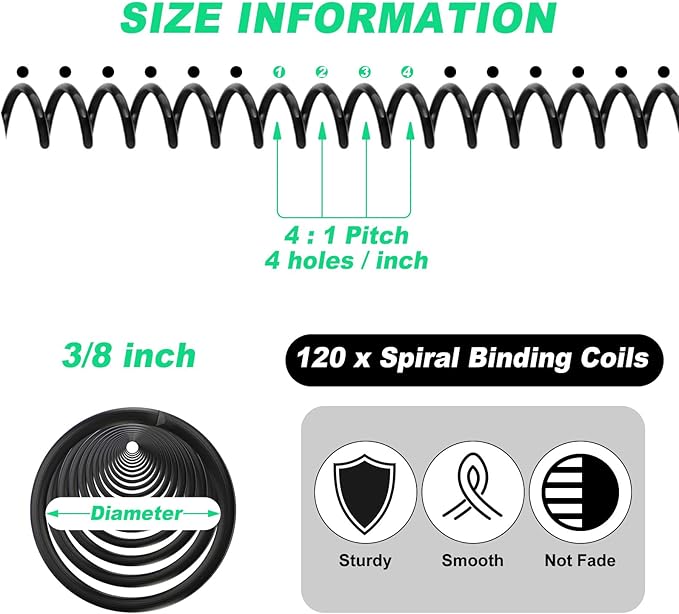 Leinuosen 120 Pack Plastic Spiral Binding Coils Kit Spirals Multi Size Coils for Binding Binder Combs Spines(3/8 Inch,Black)