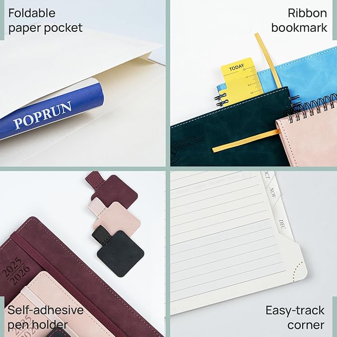 POPRUN Planner 2025-2026 Weekly Notebook for Purse(Pocket Size 4''x 6.25'') Small Academic Calendar (JUL.25 - JUN.26) with Monthly Tabs, Leather Soft Cover, Inner Pocket, 100 GSM - Petrol Green