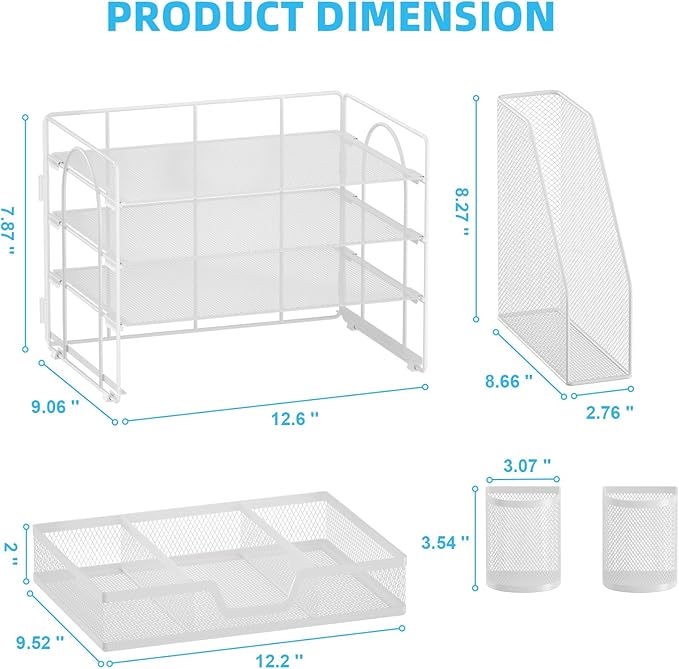 Marbrasse Desk Organizer and Accessories，4-Tier Paper Letter Tray Organizer with File Holder, Desk Accessories & Workspace Desk Organizers with Drawer and 2 Pen Holder (White, 15.4" x 9.1" x 8.3")