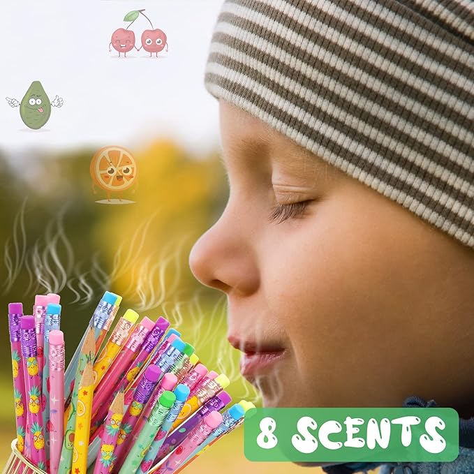 Leinuosen 96 Pieces Smelly Pencils for Kids Scented Cute Fruit Summer Colorful Inspirational Motivational Pencils with Eraser Bulk for Kids Students School Classroom Party Gifts Rewards, 8 Styles