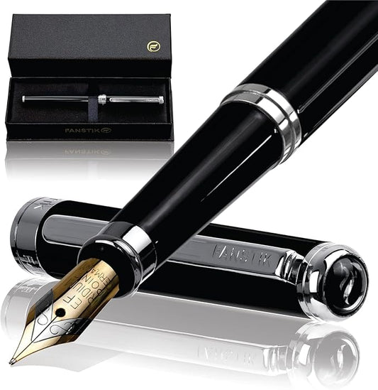 Black & Silver Luxury fountain pen (Made In USA) fancy gift set for women, Chrome Finish, Professional executive pen gift set for men (Lux fountain Black-Silver)