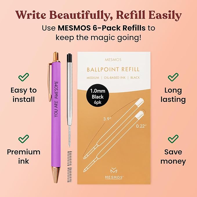 MESMOS 6pk German-Made Ink Fancy Pen Set for Women, Teacher Appreciation Gift Ideas for Women, Best Teacher Gifts Supplies, Refillable Nice Cute Pens, Boss Lady, Office Coworkers, Metal Ballpoint Pens