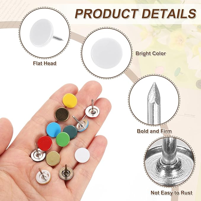 uxcell 120Pcs Push Pins, 11mmx13mm Round Flat Head Decorative Thumb Tacks Upholstery Tacks for Cork Board Office Wall Hangings, White
