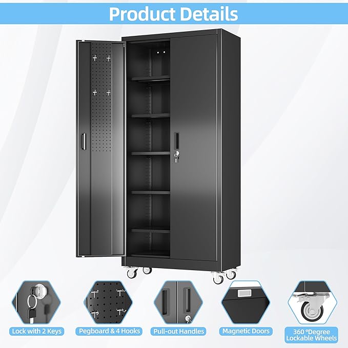 Aobabo Upgraded Garage Storage Cabinets with Wheels,Metal Storage Cabinets with 5 Adjustable Shelves for Garage Home Office Storage, Black,71''H*32''W*16''D,Assembly Required