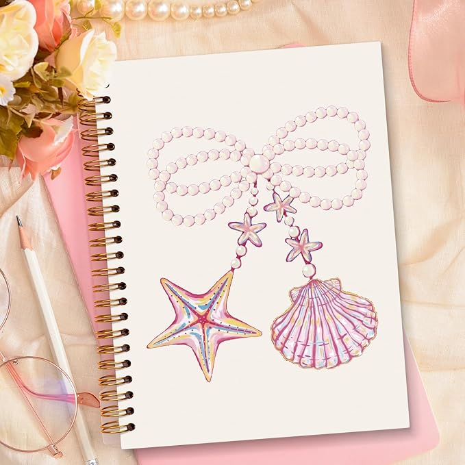 JXREQ Preppy Cute Pink Bow Seashell Starfish Journal Notebook for Women Note Taking Writing, Coquette Journal School Office Supplies, Girly Spiral Notebooks 5.5x8.3