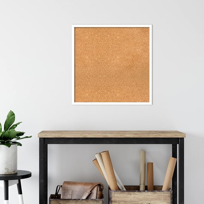 Amanti Art Natural Cork Board for Wall, 25x25 Vision Board with White Frame, Medium Corkboard Office Decor for Home Organization, Modern Corkboard Pinboard to Display Items for Home Organization in