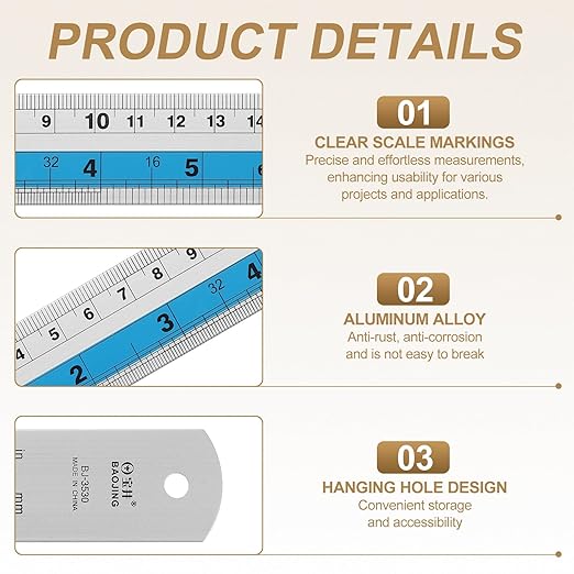 HARFINGTON 6pcs Metal Straight Ruler 15cm Metric SAE Aluminum Alloy Measuring Rulers Scale Tools with Hole for Measure Study Reading Classroom Office, Blue