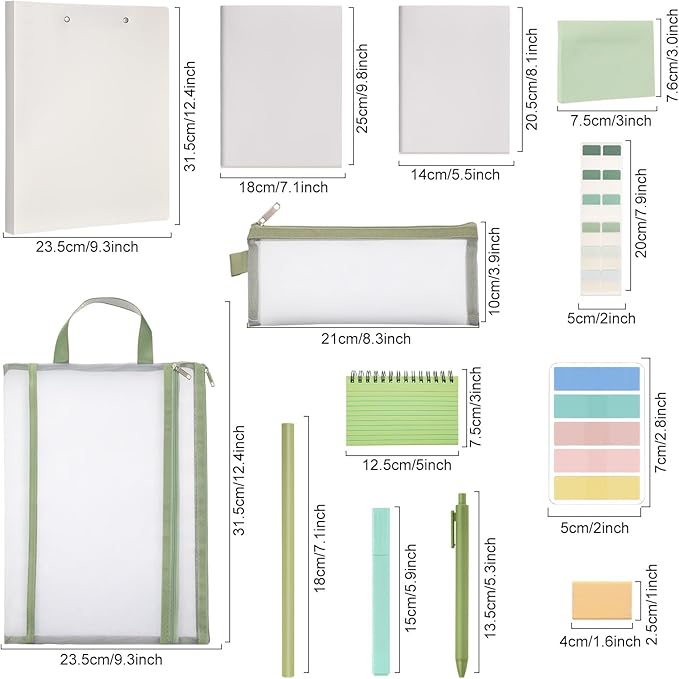 Colarr 54 Pieces Aesthetic School Supplies Including Pastel Highlighters Document Bags Pencils Notebooks Pencil Pouch Ink Pens Sticky Notes Erasers Back to School Gift Stationary Kit(Green)