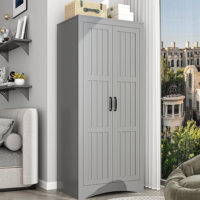 2 Door Wardrobe Closet, Wood Armoire with 2 Shelves and Hanging Rod, Freestanding Tall Storage Cabinet, Bedroom and Guest Room Armoire Cabinet for Clothes Storage, Gray