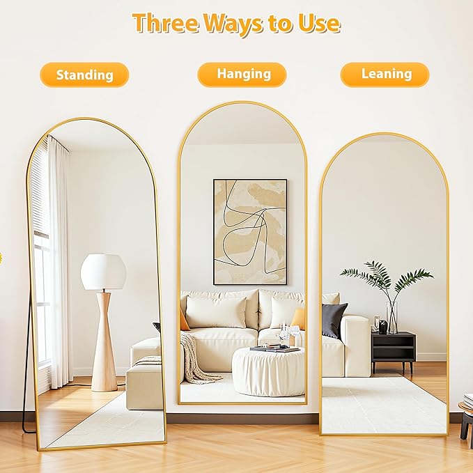 Full Length Mirror, 58"x21" Oversized Floor Mirror Freestanding, Full Body Mirror Floor Standing Mirrors with Stand, Hanging Mounted Mirrors for Bedroom Living Room, Gold, Arched Style