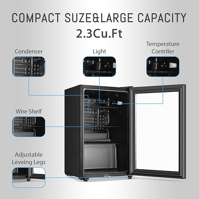 Beverage Refrigerator, 2.3 Cu.Ft, Mini Fridge with Glass Door for Soda Beer, Freestanding Beverage Cooler for Office, Bar, Adjustable Shelving&Adjustable Foot