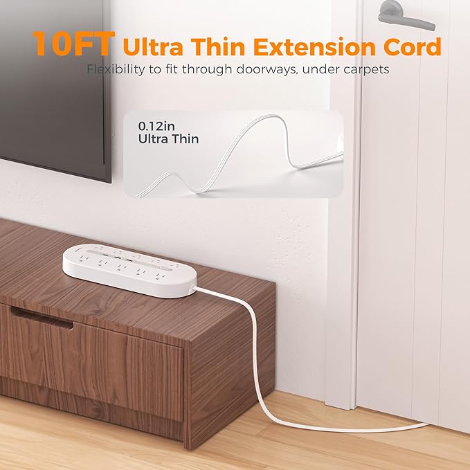 Surge Protector Power Strip 10 Ft Extension Cord, 10 AC Outlet Extender with 3 USB (1 USB C), TESSAN Flat Extension Cord with Multiple Outlets, Flat Plug Power Strip for Home, Office, Dorm Essentials