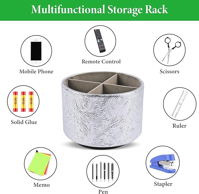 lizimandu Round Leather Art Supply Organizer,Remote Control Holder,360 Degree Spinning,Multi-Functional Pencil Holder,4 Compartments Desktop Stationary Organizer(1-Carved Silver)