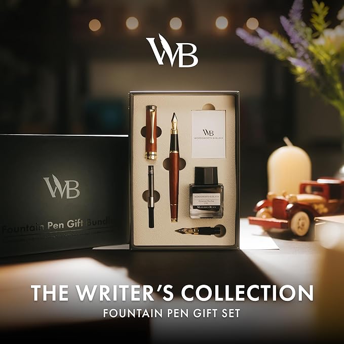 Wordsworth & Black Fountain Pen Set, Luxury Bamboo Wood - Medium Nib, Extra Fine Nib, Gift Case; 25ML Black Ink Bottle, 6 Ink Cartridges, Refill Converter - Calligraphy, Writing [Brown Wood]