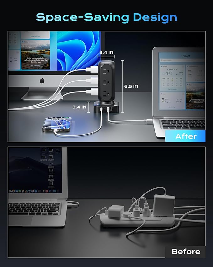 Tower Surge Protector Power Strip,12 AC Outlets & 8 USB Ports, Flat Plug 5FT Extension Cord with Multiple Outlets, 24W Outlet Extender Overload Protection for Home Office Room