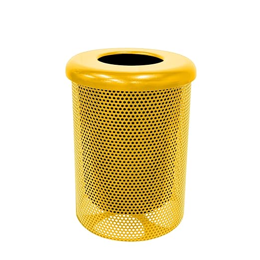 Coated Outdoor Furniture 32-Gallon Heavy-Duty Punched Steel Round Trash Receptacle, Commercial Outdoor Waste Bin with Liner & Black Flat Top Lid – Made in America (Textured Yellow)