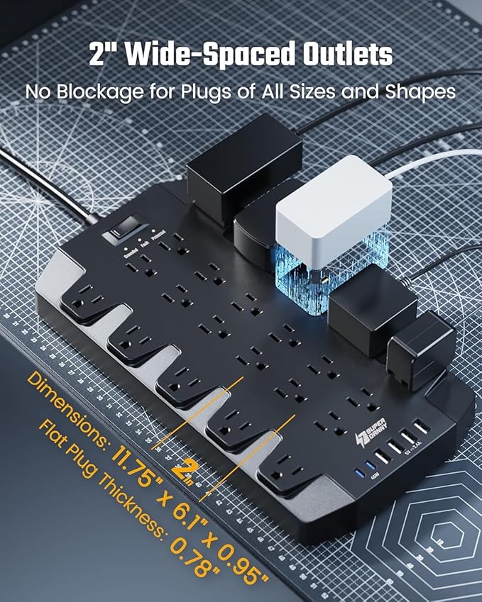 SUPERDANNY Power Strip Surge Protector with 15ft Extension Cord - 22 Outlets, 6 USB Ports, 45W Fast Charging - 1875W/15A, 2100J, 45°Plug, Mountable - Ideal for Home, Office, Gaming, PC, Streaming
