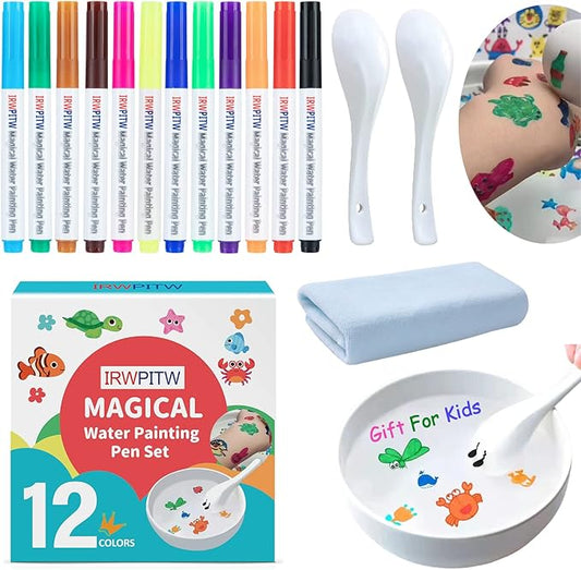 IRWPITW Magic Drawing Pen Bundle, 12 Colors Magical Water Painting Pens for Kids, Kiddies Create Magic Pen Floating Ink Drawings Set with Spoons and Towel, Tattoo Water Marker Gifts for Boys and Girls