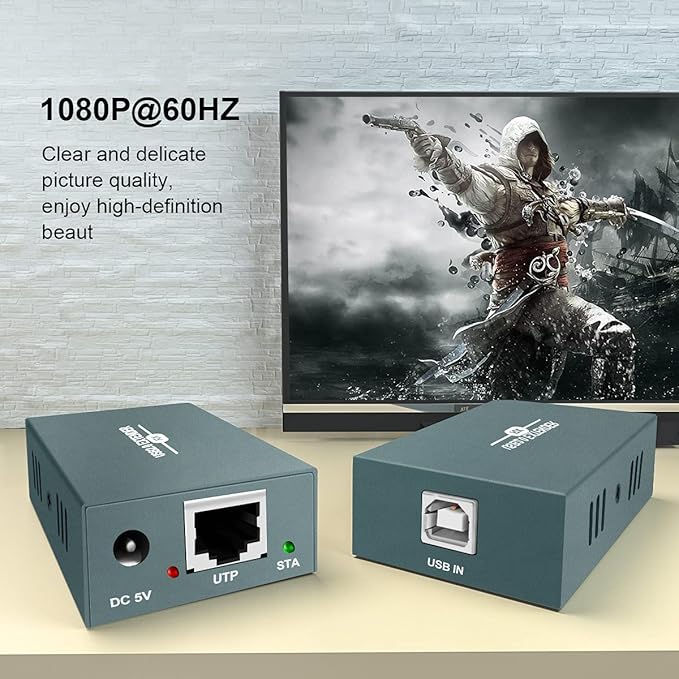 USB Extender Over Ethernet RJ45 LAN Extension, with 4 USB 2.0 Ports, Transmit 50m/165ft Over Ethernet Cat5/5e/6/7, Support Power Over Cable, Play and Plug, No Driver Required