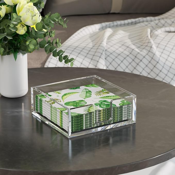 HIIMIEI Acrylic Napkin Holder for Table: Square Cocktail Napkin Dispenser, Flat Guest Towel Holder Tray, Disposable Hand Towel for Bathroom, Kitchen, Bar, Dinner, Party（Clear）
