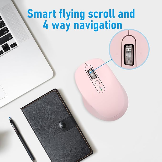 Multi-Device Wireless Bluetooth Mouse, 2.4G USB Receiver and Two Bluetooth, 4-Way Navigation Mice for Computer, Laptop, PC, MacBook, iPad (Pink)