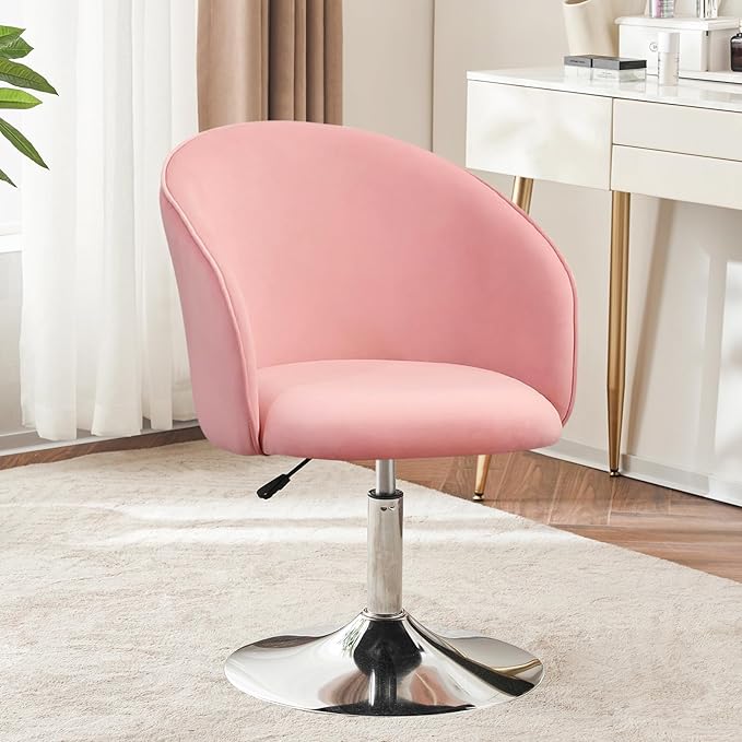 Furnimart Velvet Vanity Chair with Chrome Frame, Height Adjustable & Swivel, Pink - Living Room, Bedroom, Office