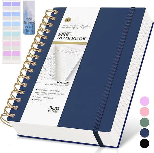 Spiral Notebook Journal,360 Pages College Ruled Notebook, Lined Thick Journals for Women Men,A5 Thick Spiral Journal for Writing,100GSM Paper, Spiral Notebooks for Work School 5.5"x8.5" Blue