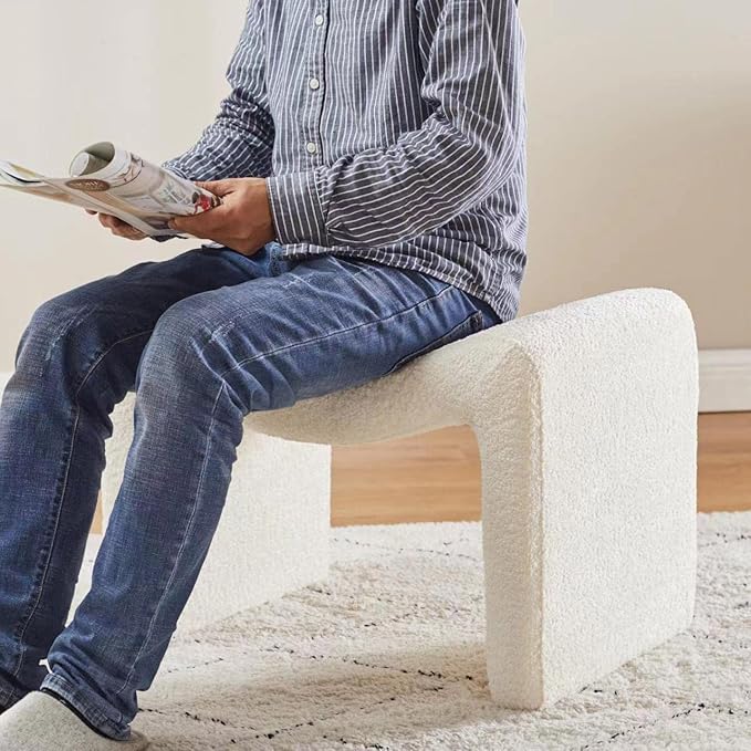 Modern Boucle Ottoman, Vanity Stool Chair, Foot Stool with Wooden Legs Sofa Bench Footstool Extra Seat for Vanity, Makeup Room, Living Room, Entryway, Set 2, White