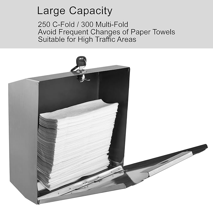 Commercial Paper Towel Dispenser Wall Mount Bathroom, 250 C Fold / 300 Multifold Stainless Steel Paper Towel Holder Hand Towel Dispenser Toilet Paper Dispenser Home (Brushed)