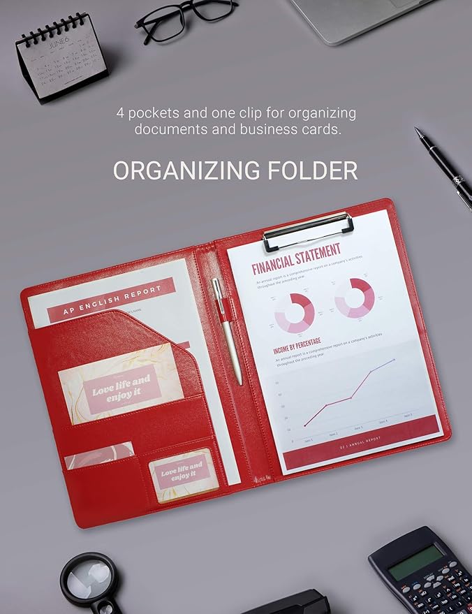 Mymazn Padfolio Clipboard Folder Portfolio, Faux Leather Storage Clipboard with Cover for Legal Pad Holder Letter Size A4 Writing Pad for Business School Office Conference Notepad Clip Boards (Red)