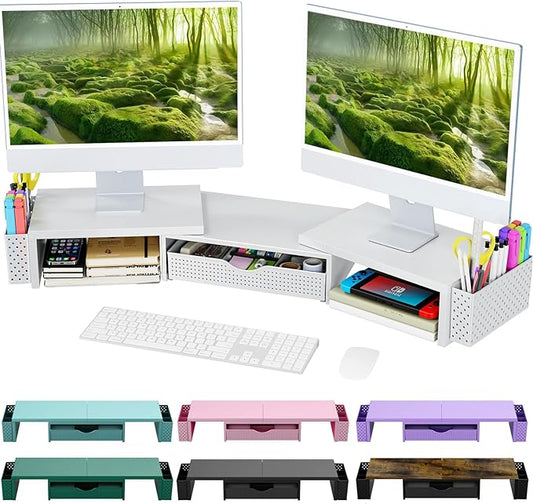 Spacrea Metal Desk Organizers and Accessories, Dual Monitor Stand Riser with Drawer and 2 Pen Holders, Desk Accessories & Workspace Desktop Organizers for Office Supplies (White)